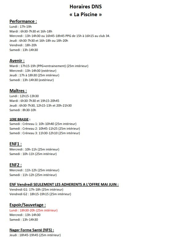 HORAIRES Entraînements  « LA PISCINE »