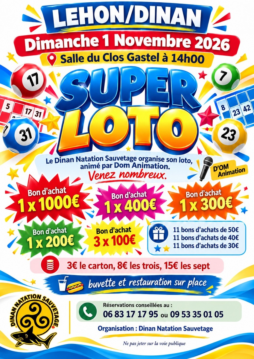 LOTO 01 NOVEMBRE 2026 - DINAN NATATION SAUVETAGE
