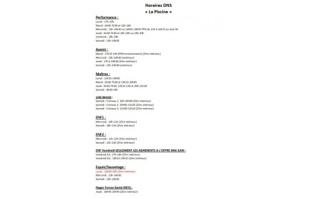 HORAIRES Entraînements  « LA PISCINE »